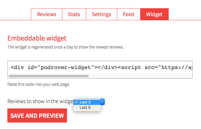 Podrover's widget configuration page